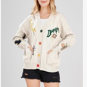 White Graphic Cardigan Sweater Sport Dream Patchwork Women Small Casual Cozy